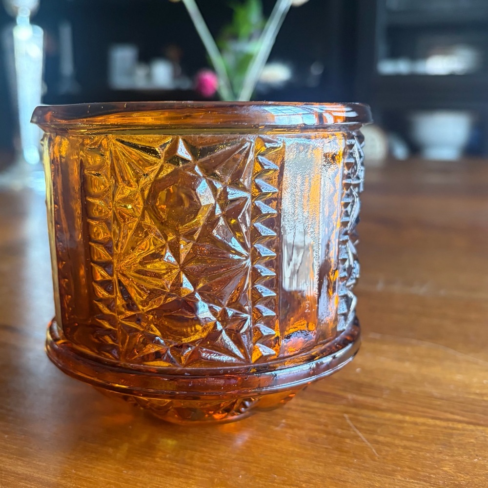 VINTAGE Indiana Glass Co Amber  Stars and Bars Fairy Lamp Replacement Lid